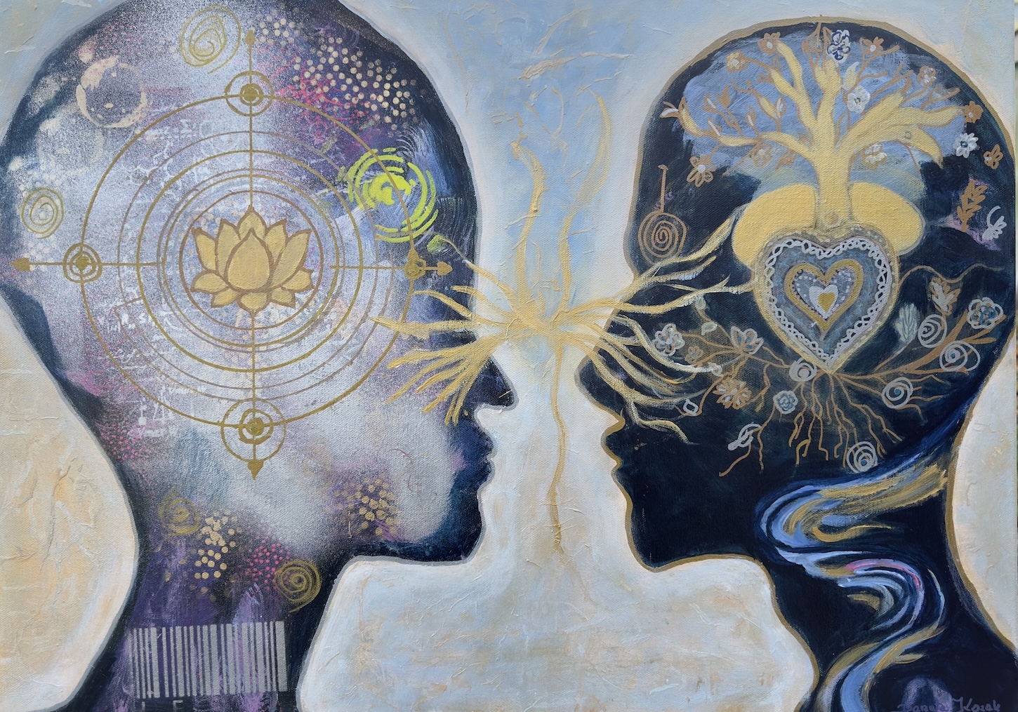 Złota nić porozumienia – Akryl na płótnie, 70 × 50 cm, Danuta Kozak