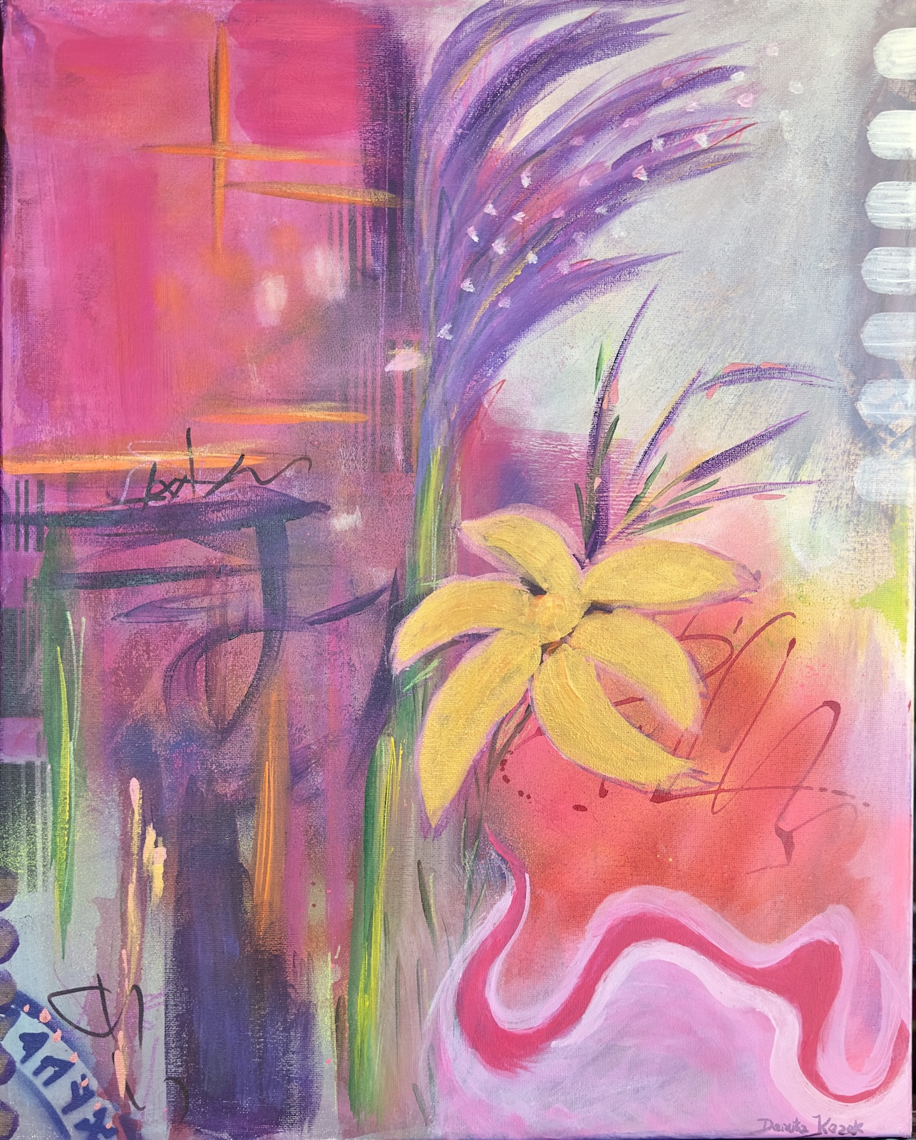 Złoty kwiat na fali – Akryl, mixed media, 40 × 50 cm, Danuta Kozak