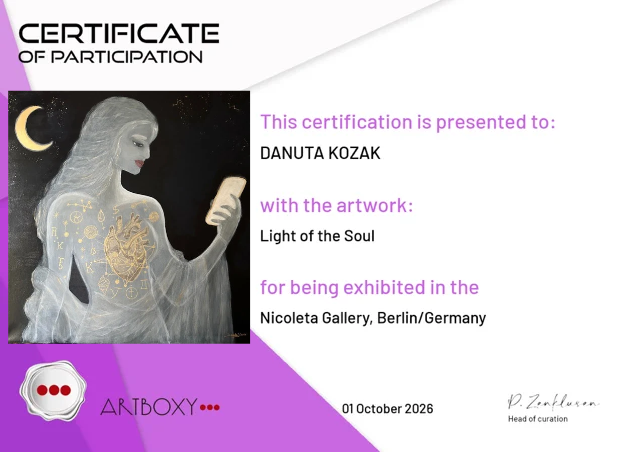 Certyfikat udziału Danuty Kozak w wystawie ARTBOXY w Nicoleta Gallery w Berlinie w Niemczech za obraz Light of the Soul