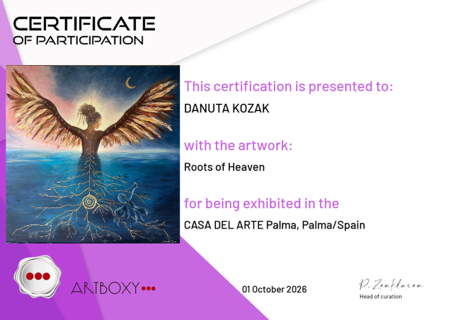 Certyfikat udziału Danuty Kozak w wystawie ARTBOXY w CASA DEL ARTE Palma w Hiszpanii za obraz Roots of Heaven