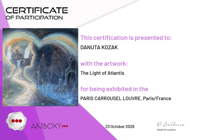 Certyfikat udziału Danuty Kozak w wystawie ARTBOXY w Paris Carrousel Louvre w Paryżu za obraz Światło Atlantydy